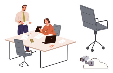 Team of two coworkers working at a desk with laptops, documents, stationery, and tech devices. Office chair and security camera with cloud storage concept. Ideal for teamwork, business, technology