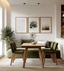 Modern, minimalist dining area with muted greens and wood