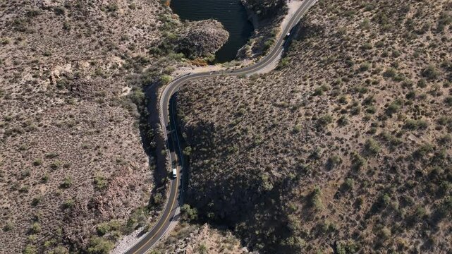 Aerial view of canyon lake and hills, United States.