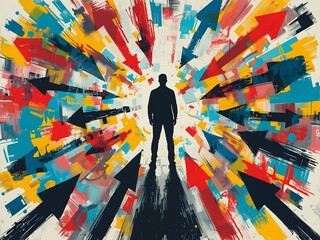 Silhouette of a person standing at the center of a colorful abstract tunnel surrounded by dynamic arrows pointing inward, symbolizing decision making, pressure, and focus under chaos.

