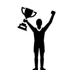 Man holding trophy icon, black silhouette, arms raised, excited winner pose, minimal clipart