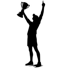 Man holding trophy icon, black silhouette, arms raised, excited winner pose, minimal clipart