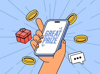 Hand holding a smart phone with Great Prize text on screen. Surrounding flying gold coins, a gift box, and a chat bubble, symbolizing online rewards, giveaways in cartoon illustration vector