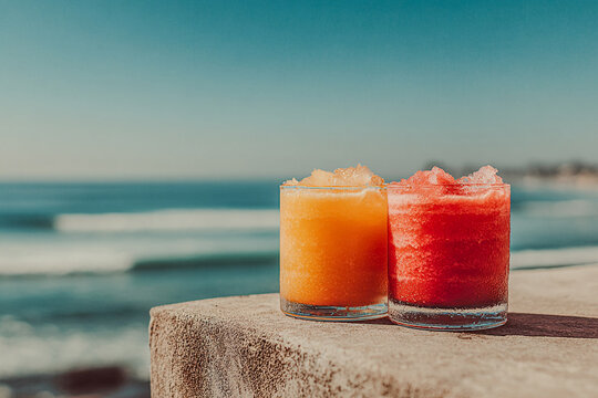 Two vibrant frozen cocktails sit on a high ledge overlooking the sea horizon, minimalist beach scene with striking color contrast and elevated summer vibes  