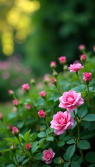 Lush garden with pink miniature roses and greenery, miniature, pink, lush