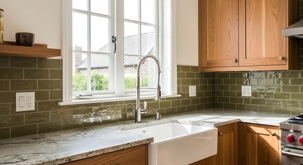 Bright kitchen interior showcasing a farmhouse sink, elegant backsplash and cabinetry