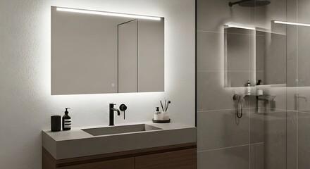 Contemporary bathroom with illuminated mirror, vanity, and modern shower design