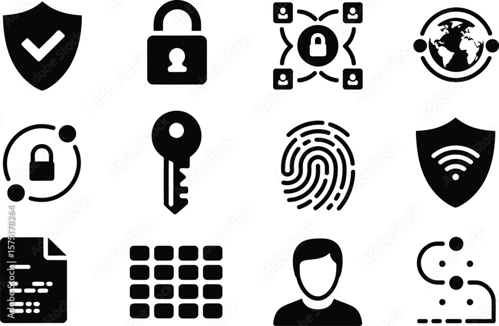 Poster black security icons set: shield lock key fingerprint data
