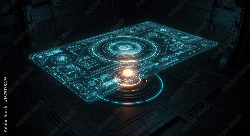 Poster futuristic interface with holographic projection on dark background presents advanced technology