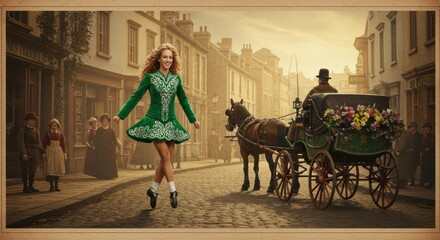 Ethereal irish dancer mid-air on cobblestone street juxtaposed with vintage carriage scene