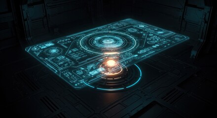 Futuristic interface with holographic projection on dark background presents advanced technology