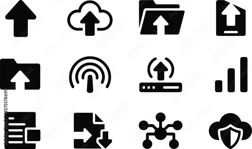 Poster black upload download cloud network data icons vector
