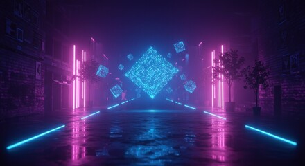 Neon illuminations casting reflections on a wet city street with floating cubes and trees