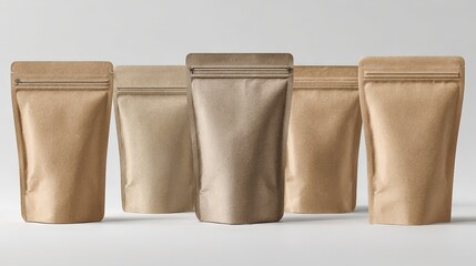 Fototapeta premium Collection of empty kraft pouches ideal for coffee packaging on a minimalist tabletop