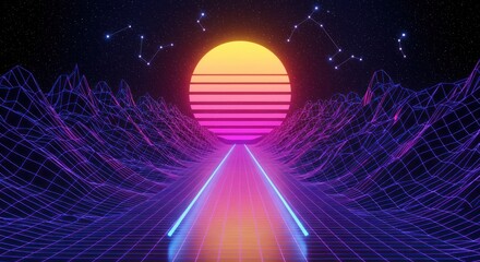 Retro futurism landscape with sun and starry constellations, 80s aesthetic