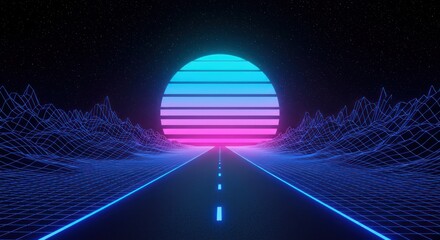 Retro synthwave highway towards neon sun evoking nostalgia for the eighties
