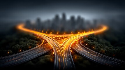 Realistic aerial image of a looping highway system glowing with nighttime traffic, illustrating speed, design, and modern urban planning.