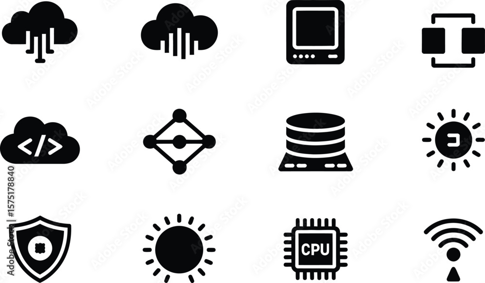 Poster black and white technology icons cloud computing database c p u wireless