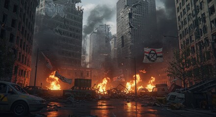 Urban decay a cityscape engulfed in flames and smoke representing societal collapse