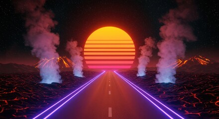 Vaporwave highway leading toward a horizon sun between smoking volcanoes