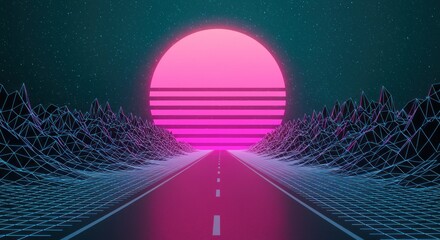 Vaporwave digital road leading towards pink and purple sun with 80s wireframe landscape