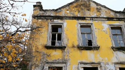 A dilapidated, mustard-yellow building with broken windows and peeling paint, partially obscured by bare branches
