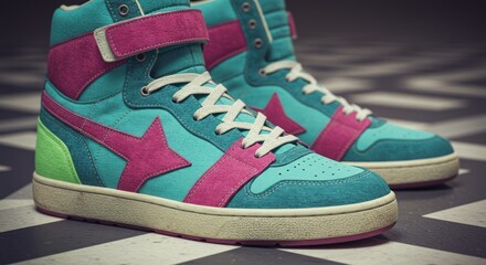 Vibrant Retro-Inspired High-Top Sneakers Showcase a Blend of Teal and Fuschia Hues with Star Detail