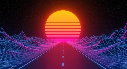 Vaporwave horizon scene with a digital grid landscape and a radiant sunset backdrop