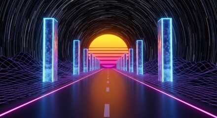 Vibrant Retrowave Scene with Glowing Pillars and a Digital Grid Landscape
