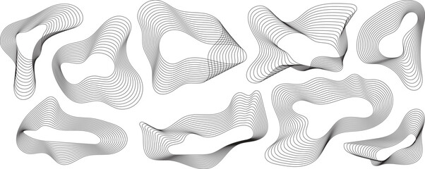 Abstract 3D wavy geometric line art shapes set, modern minimal black and white fluid patterns, perfect for digital art, wall  posters, prints, backgrounds, and contemporary design projects.