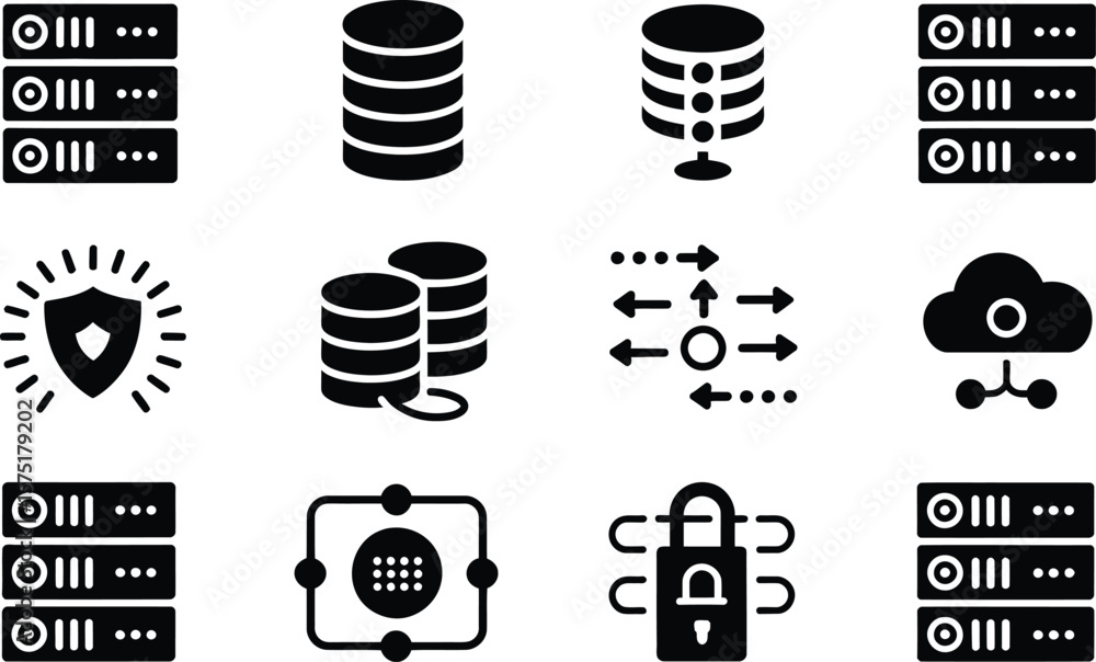 Poster black and white data server icons and cloud computing symbols