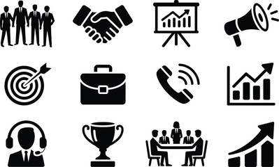 Obraz premium Black and White Business Icons: Team Handshake Presentation Megaphone Target Briefcase Phone