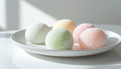 Assorted mochi ice cream on a white plate offers a delicious variety of Japanese confectionary treats in pastel colors.