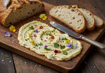 Artistic butter board with spreads, herbs, and breads. Trendy and fun appetizers for modern gourmets and parties