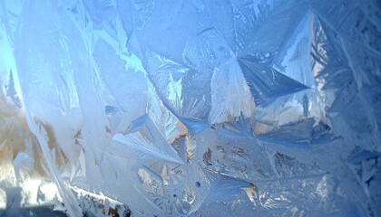 Delicate ice crystals form intricate patterns across a cold window on a wintry morning, catching the light.