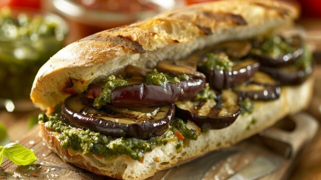 A tasty sandwich stuffed with grilled eggplant roasted mushrooms and a dollop of pesto mayo.