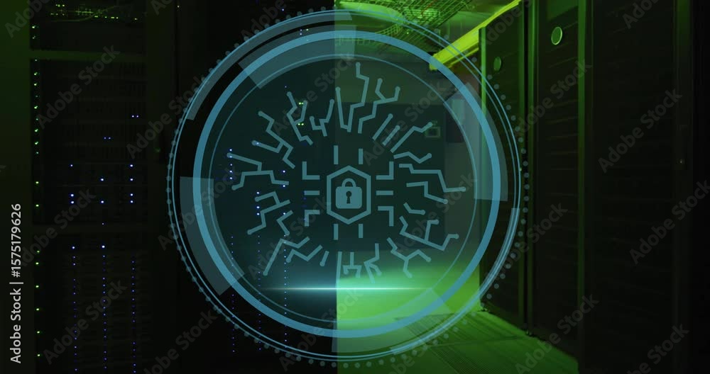 Poster on fading cybersecurity text, hud expanding scanning circuits, padlock confirming secure network