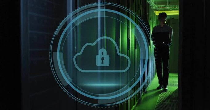 IT pro entering data center corridor, initiating holographic cyber security scan on cloud-lock icon - Powered by Adobe