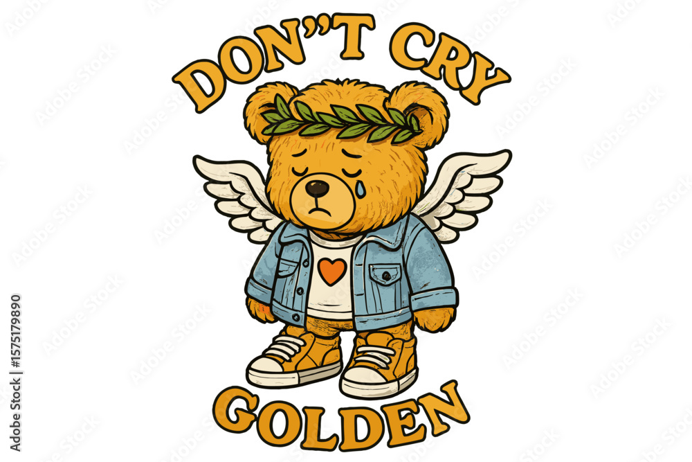 Poster bear character with wings and denim jacket expressing emotion in colorful design centered on optimis