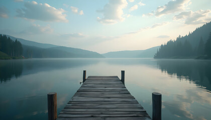 Fototapeta premium Wooden Dock Reaching Calm Lake with Misty Mountains and Sky