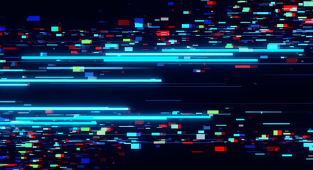 Fototapeta premium Abstract Blue Digital Speed Lines with Colorful Pixelated Glitch Effect on Black Background