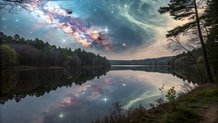 Warped Reflection Lake – Lake reflecting distorted cosmic skies
