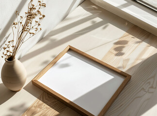 wooden frame mockup poster lying on the table with plant decor