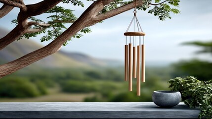 Tranquil wind chime hangs from a tree over a stone surface,  blurred natural background