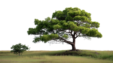Whispers of Growth: A pair of trees stand gracefully on a grassy knoll.  The larger tree, in full, vibrant leaf, stands tall, embodying strength and maturity, while a younger.