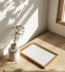 wooden frame mockup poster lying on the table with plant decor