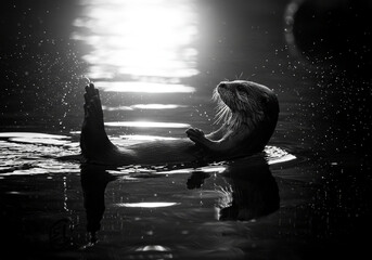 A river otter floats serenely, backlit by the sun, its reflection mirrored in the calm water.