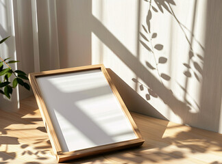 wooden frame mockup poster lying on the table with plant decor