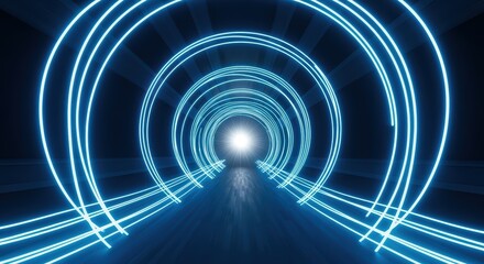 Futuristic Tunnel with Blue Neon Light Arcs in Dark Environment