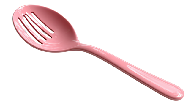 Elegant Pink Kitchen Utensil: This close-up shot showcases a sleek, pink slotted spoon, ideal for straining liquids.